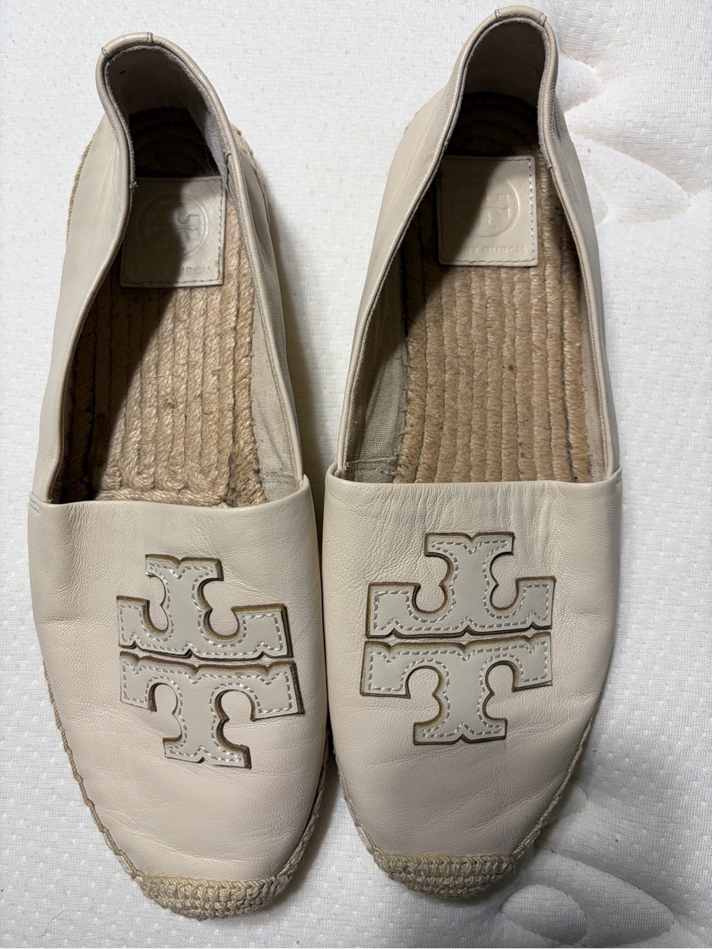 Tory Burch Cream Leather Logo Espadrille Flats Size 10.5